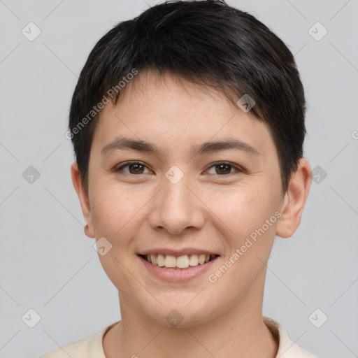 Joyful white young-adult female with short  brown hair and brown eyes