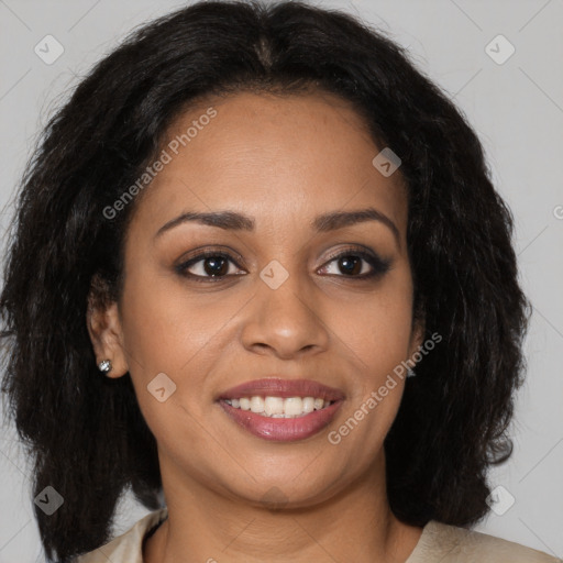 Joyful latino young-adult female with long  brown hair and brown eyes