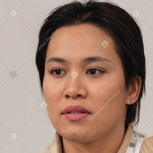 Neutral white young-adult female with medium  brown hair and brown eyes