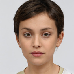 Neutral white young-adult female with short  brown hair and brown eyes