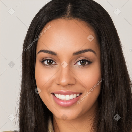 Joyful latino young-adult female with long  black hair and brown eyes