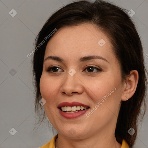 Joyful white young-adult female with medium  brown hair and brown eyes