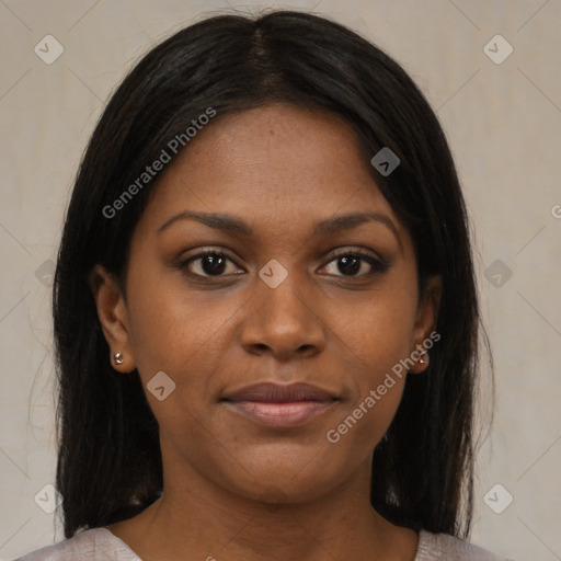 Joyful black young-adult female with medium  brown hair and brown eyes