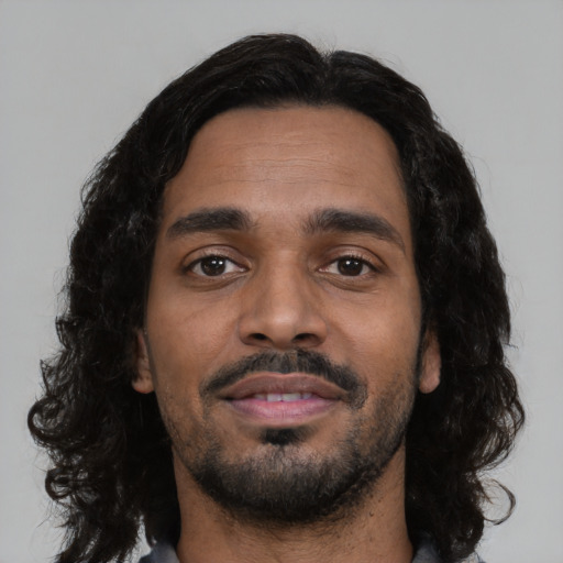 Neutral black young-adult male with long  black hair and brown eyes