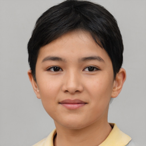 Joyful asian young-adult female with short  black hair and brown eyes