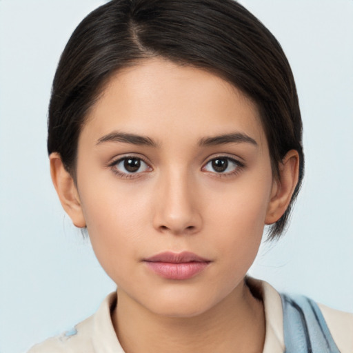 Neutral white young-adult female with medium  brown hair and brown eyes