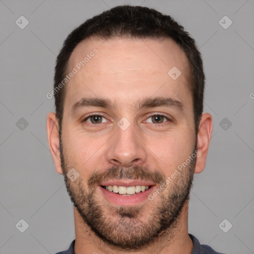 Joyful white young-adult male with short  brown hair and brown eyes