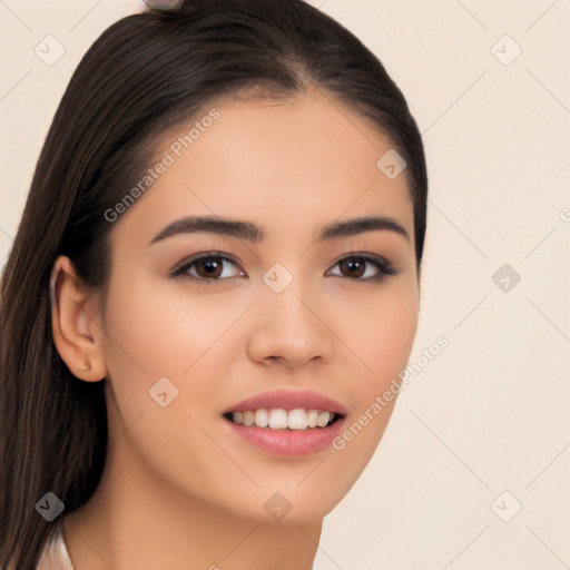 Joyful asian young-adult female with long  brown hair and brown eyes