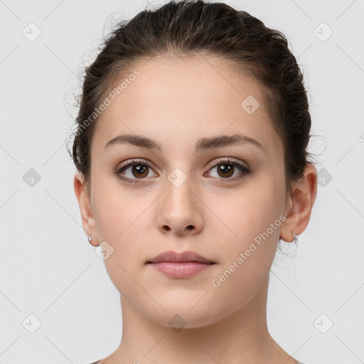 Neutral white young-adult female with short  brown hair and brown eyes