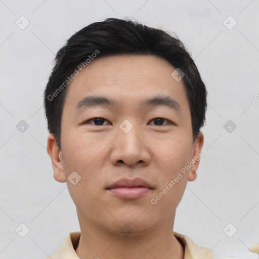 Neutral asian young-adult male with short  black hair and brown eyes