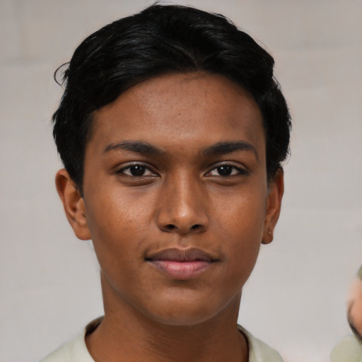 Neutral asian young-adult female with short  black hair and brown eyes