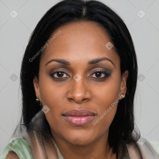 Joyful black young-adult female with medium  black hair and brown eyes