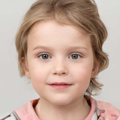 Neutral white child female with medium  brown hair and blue eyes