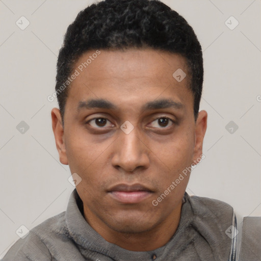 Neutral latino young-adult male with short  black hair and brown eyes