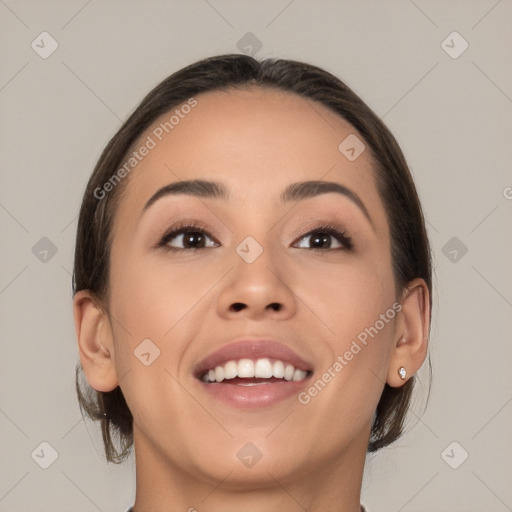 Joyful white young-adult female with medium  brown hair and brown eyes