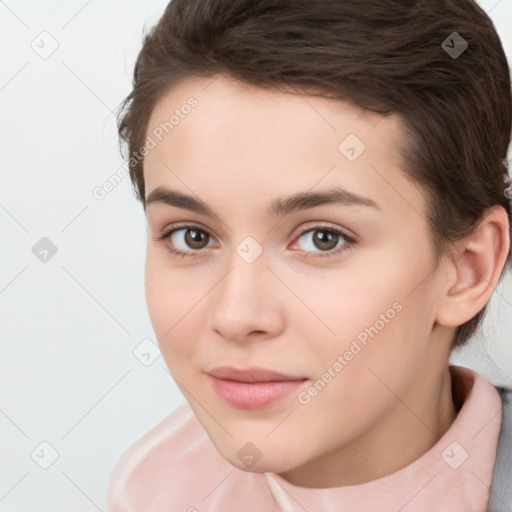 Neutral white young-adult female with short  brown hair and brown eyes