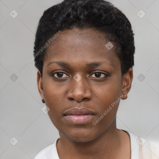 Neutral black young-adult female with short  black hair and brown eyes