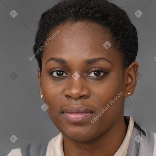 Neutral black young-adult female with short  brown hair and brown eyes