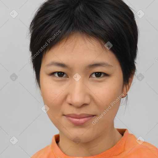 Joyful asian young-adult female with medium  brown hair and brown eyes