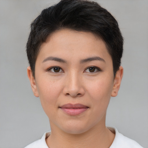 Joyful asian young-adult female with short  brown hair and brown eyes