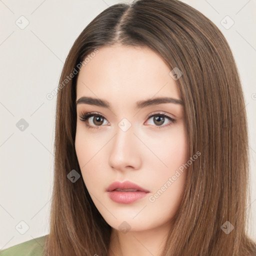 Neutral white young-adult female with long  brown hair and brown eyes