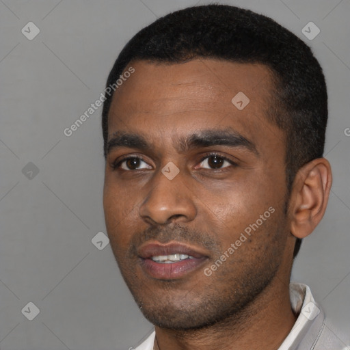 Neutral black young-adult male with short  black hair and brown eyes