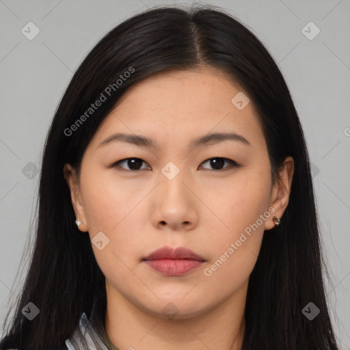 Neutral asian young-adult female with long  brown hair and brown eyes