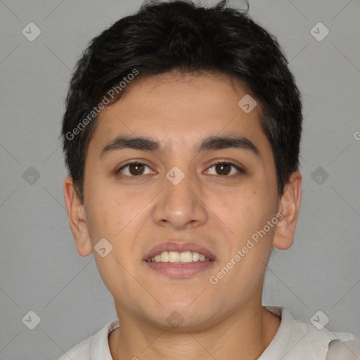 Joyful white young-adult male with short  black hair and brown eyes