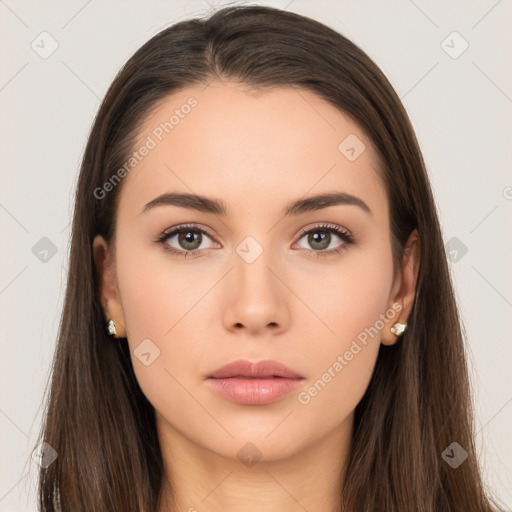 Neutral white young-adult female with long  brown hair and brown eyes