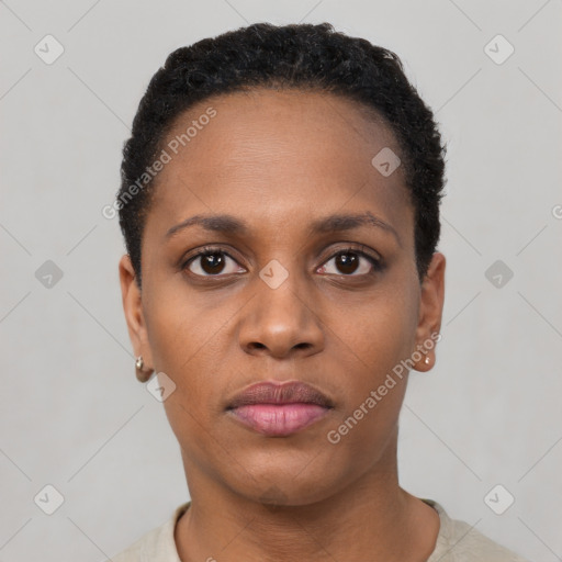 Neutral black young-adult female with short  brown hair and brown eyes