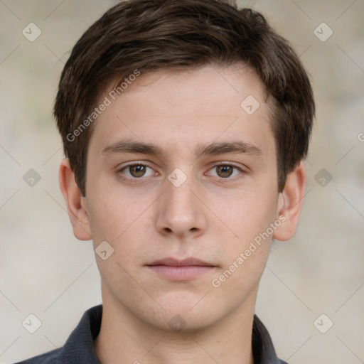 Neutral white young-adult male with short  brown hair and brown eyes