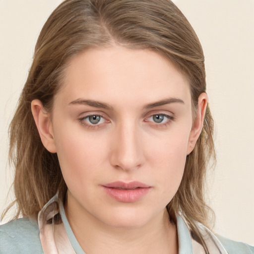 Neutral white young-adult female with medium  brown hair and blue eyes