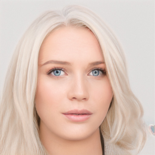 Neutral white young-adult female with long  blond hair and blue eyes