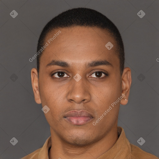 Neutral latino young-adult male with short  brown hair and brown eyes
