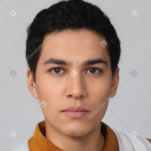 Neutral asian young-adult male with short  brown hair and brown eyes