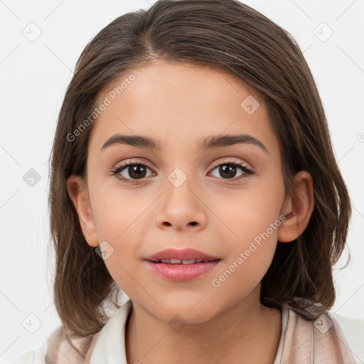 Joyful white child female with medium  brown hair and brown eyes