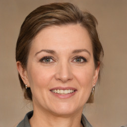 Joyful white adult female with medium  brown hair and grey eyes