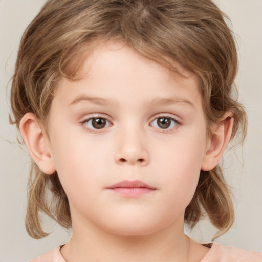 Neutral white child female with medium  brown hair and grey eyes