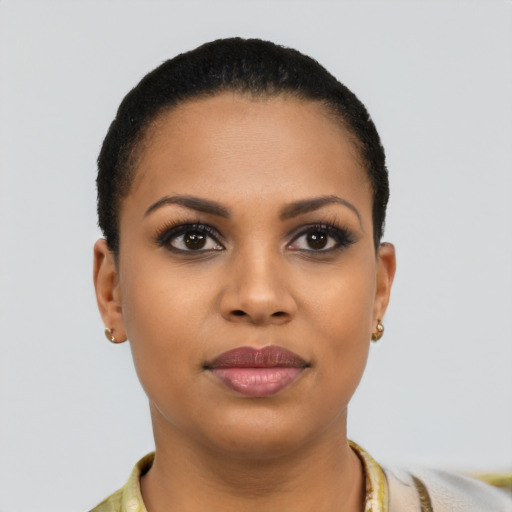 Joyful latino young-adult female with short  black hair and brown eyes