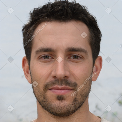 Neutral white young-adult male with short  brown hair and brown eyes