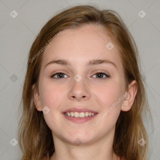 Joyful white young-adult female with long  brown hair and grey eyes