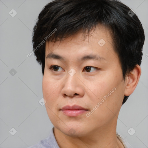 Neutral asian young-adult male with short  brown hair and brown eyes