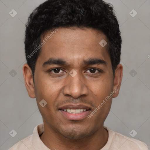 Joyful white young-adult male with short  black hair and brown eyes