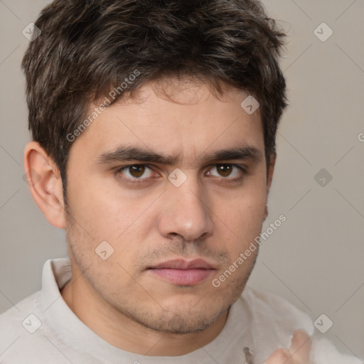 Neutral white young-adult male with short  brown hair and brown eyes