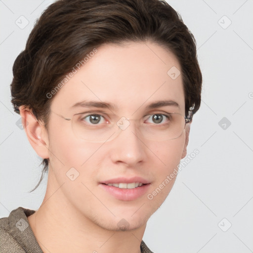 Joyful white young-adult female with short  brown hair and grey eyes