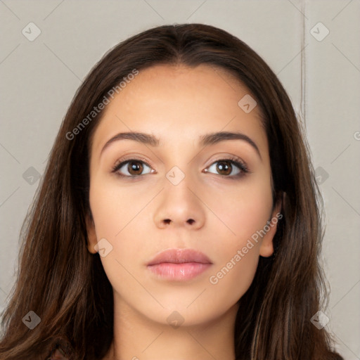 Neutral white young-adult female with long  brown hair and brown eyes