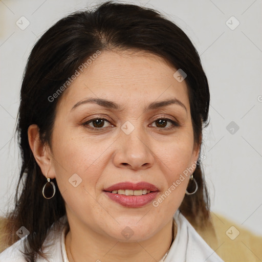 Joyful white adult female with medium  brown hair and brown eyes