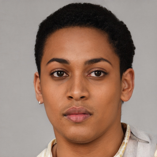 Neutral latino young-adult female with short  black hair and brown eyes
