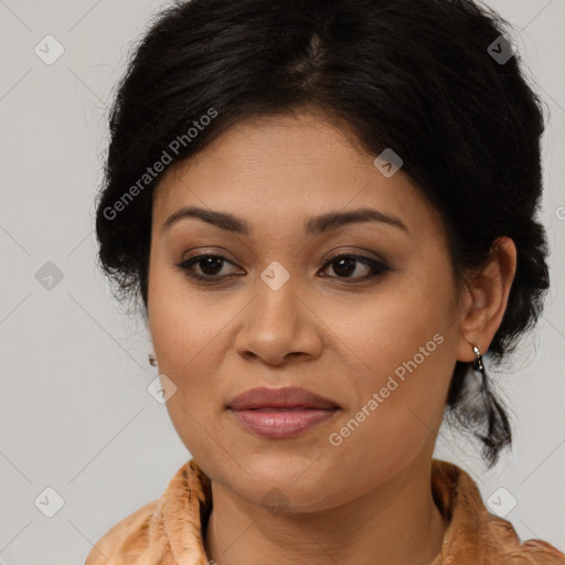 Joyful latino young-adult female with long  brown hair and brown eyes