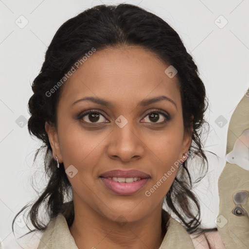 Joyful latino young-adult female with medium  brown hair and brown eyes